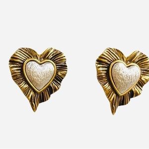 COPY - VTG YSL heart shape enameled gold tone pierced stud earrings .